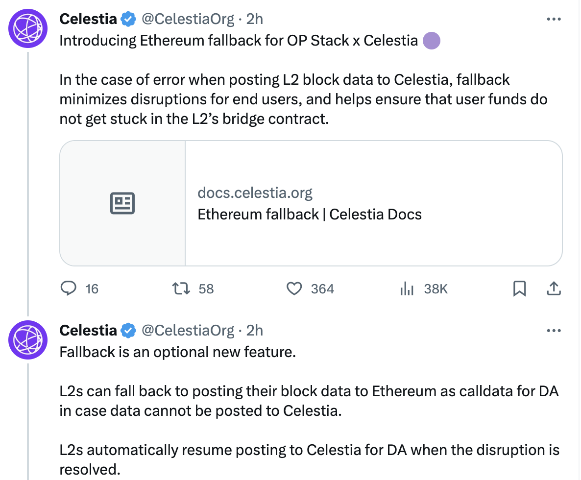 Celestia为OP Stack集成引入以太坊Fallback功能