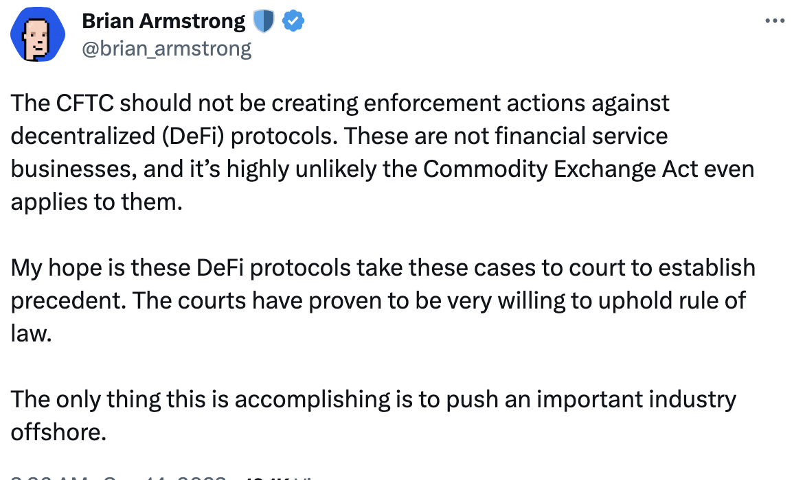 Coinbase CEO：CFTC不应针对DeFi协议采取执法行动