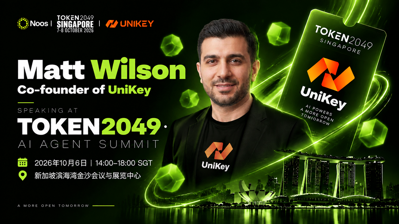 闪耀新加坡 TOKEN 2049：AI 使用权网络 UniKey 成为 AI Agent Summit 官方合作伙伴，联合创始人 Matt Wilson 将发表演讲